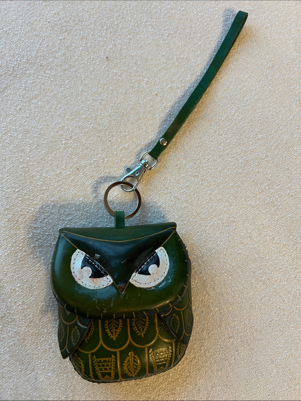 Green Genuine Leather Handmade Owl Wristlet Coin Pouch